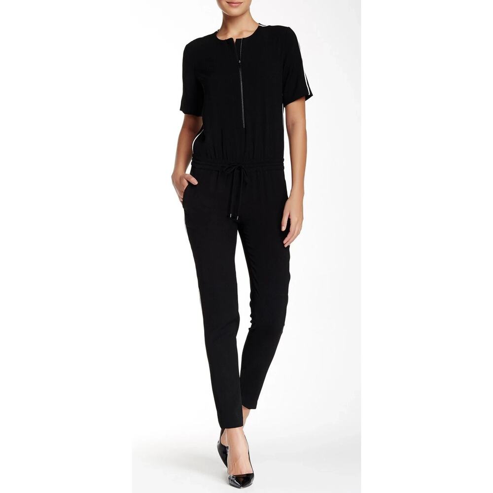 Vince Jumpsuit Womens 10 Black Off White Contrast Trim Short Sleeve Drawstring